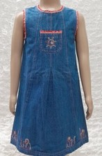 Vintage Robe En Jean  Doublure Coton Rayé Rouge  Broderie Soleil Fille 6 Ans