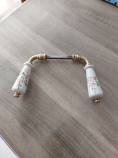 2 Poignées de porte Longues en porcelaine blanche - A Fleurs  Et Laiton