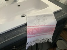Ancienne Serviette De Toilette Liteaux Rose Monogramme J B Et Franges