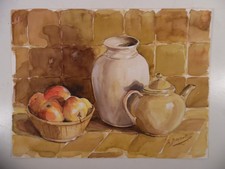 aquarelle nature morte aux pommes, vase théière - Henri BONNET 55,5 x 42 - TT4