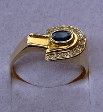 MAGNIFIQUE BAGUE "ETRIER" EN OR JAUNE 18 CARATS 750 + SAPHIR + 11 DIAMANTS !