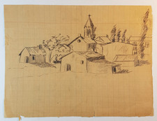 Vue de village/Caricature, ca. 1920, DESSIN ORIGINAL AU CRAYON,RECTO VERSO