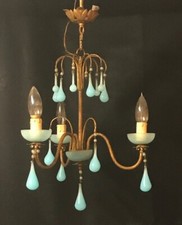 Magnifique lustre Pampilles Opaline murano Bleu blue Goutte Murano 3 feux 1950