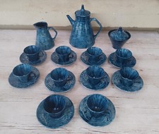 RARE Ancien service café poterie artisanale C Mouret Louargat bleu émaux