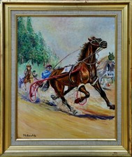 Huile sur carton course de sulkys signée Péchaubès