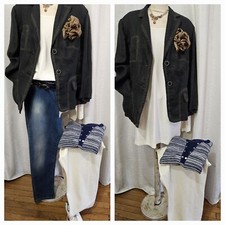 TRES BELLE VESTE LIN MARINE ELENA MIRO NEUVE 52 54 UK 24 26 JACKE LINEN BLU DARK