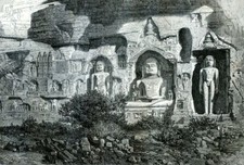 India, Colossi of Ourwhai in Gwalior.....Antique Engraving 1872