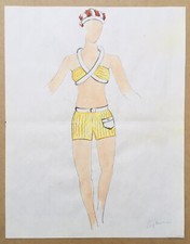 Dessin Original Aquarelle Laglenne Croquis Mode Portrait Femme Maillot de Bain