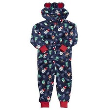 CULOTTE DE NUIT ENFANT BLEU/ROUGE NOËL À CAPUCHE UNE PIÈCE 2-5 ANS
