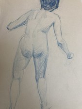 Ancien Nu Dessin Crayon Sur