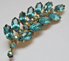 ancienne broche couleur or cristaux aigue-marine magnifique bijou vintage B1