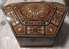 Rare Syrian INLAID WOOD MOSAIC old JEWELRY BOX MOTHER OF PEARL red LINING 