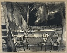 Dessin Original Maurice Genis Paysage Tempête Vent Arbres Terrasse Café Chaises