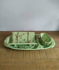 Service/Plat à Asperge en Barbotine Vert avec Saucière - Vintage 