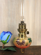 Antique French Piano Peg Oil Lamp Font Hand Painted Enameled w/ Burner and Glass