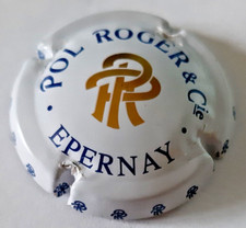 Capsule de champagne Pol Roger blanche écriture bleue, initiales Or