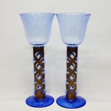 Paire De Bougeoirs Photophores Verre Bleu Soufflé En Cage Dlg Felipe Derflingher