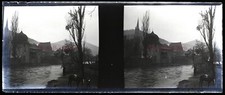 Village Maison Tour c1915 Photo NEGATIVE Plaque de verre Stereo Vintage V31L6n8