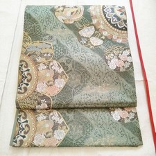 Bako Obi en pure soie, motif à six mains, vert, tissage Kara, lourd