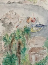 Très Belle peinture aquarelle Papier 2010 Corse Mer Port À Identifier Art Bain