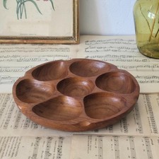 Plat vintage en bois de teck à 7 compartiments – design années 70 - Ø 25 cm