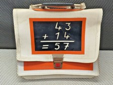 Rare et Très Ancien Cartable Écolier Enfant Cuir Blanc et Rouge Décor Addition