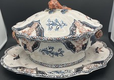 Soupière ancienne en faïence décor bleu rouge avec plateau, XIXème