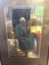 TABLEAU PASTEL ORIENTALISTE LOUIS FORTUNEY ANTIQUAIRE DANS LE SOUK