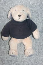 JACADI DOUDOU PELUCHE CHIEN BEIGE ECRU PULL MARIN BLEU MARINE ANCRE 28 CM KOM9