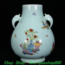 10.6''Qing Qianlong Celeste Glaze Porcelain “Bo Gu” 2 Ear Flower Bottle Vase