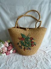Ancien panier  porté main paille broderie fleurs provence année 1960 27/26cm