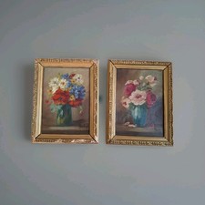Peinture Ancienne Huile Sur Toile Fleurs. Tableau Miniature Encadré Signé