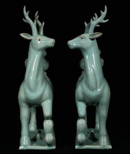 16 "Vieux Ru Four Porcelaine Fengshui Sika cerf Animal Sculpture Paire