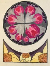 Beau  Dessin Peinture 1930 Original Art Deco Motif Gouache Papier Ancien Fleur