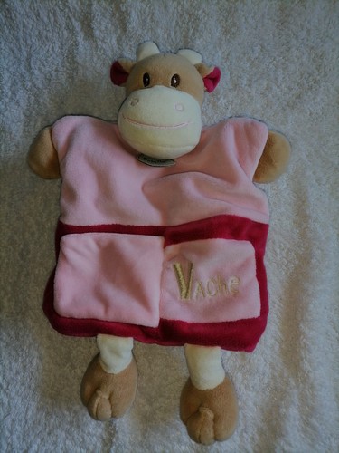 Doudou marionnette vache rose - marionnette,