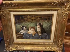 Ancienne peinture à l'huile scène de chats XXeme