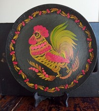plateau rond en bois peint  - Russie,  made in USSR  - D 30 cm - coq