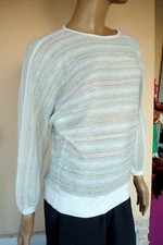 PULL TOP A RAYURES BEIGE BLANC GRIS CLAIR MANCHES CHAUVE SOURIS T 40/42 NEUF