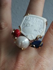 Bague ancienne argent doré corail perle camé lapis Silver Ring Créateur Italien