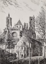 Gravure "Cathédrale de Laon" Léopold Robin architecture gothique estampe