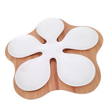 Plateau apéritif en forme de fleur  5 compartiments porcelaine blanche et bambou
