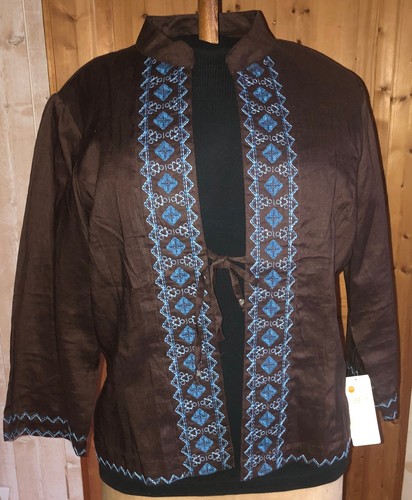 Veste lin marron brodée - marron,