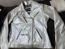 Blouson moto motard femme couleur argent 100 % cuir véritable style vintage m...