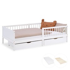 Lit enfant bas bois blanc 90x200 barrière avec 2 tiroirs et matelas Homestyle4u