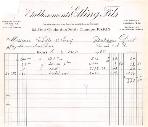 Facture 1928 ets etling - etling, fils