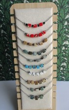 Collier ras de cou chaine inox + perles cubes pierre, Fait main - Minéraux,