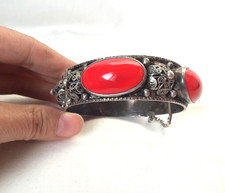 BRACELET ANCIEN VINTAGE ARGENT MASSIF POINCON CRABE 800 BERBERE FILIGRANNE ROUGE