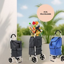 Chariot de courses avec roulettes en bleu et gris - stable et pliable - 2...