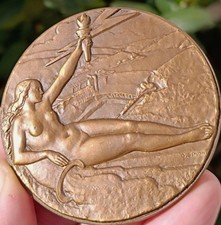 médaille bronze Art Déco O Simon industrie rare antique vintage medal nude lady