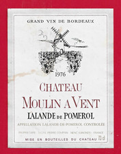 91 40 Etiquette BORDEAUX Lalande de Pomerol Château Moulin à Vent 1976 P COUFFIN